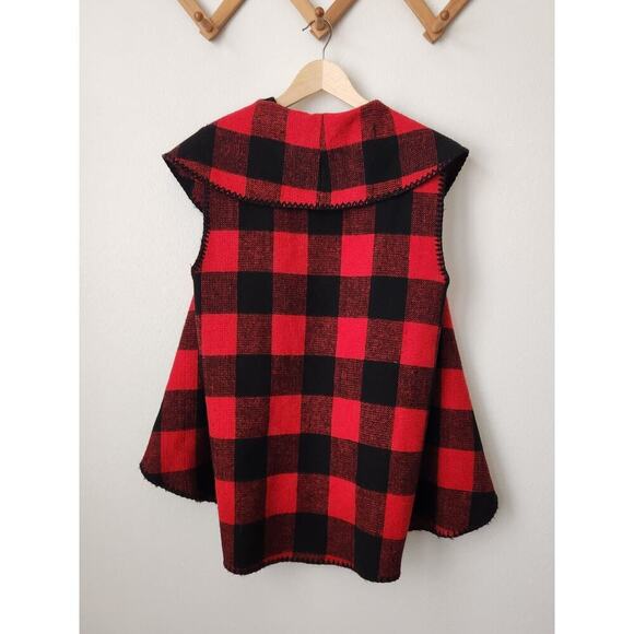 Mud Pie red black buffalo plaid cape OS sleeveless blanket vest - Picture 4 of 8